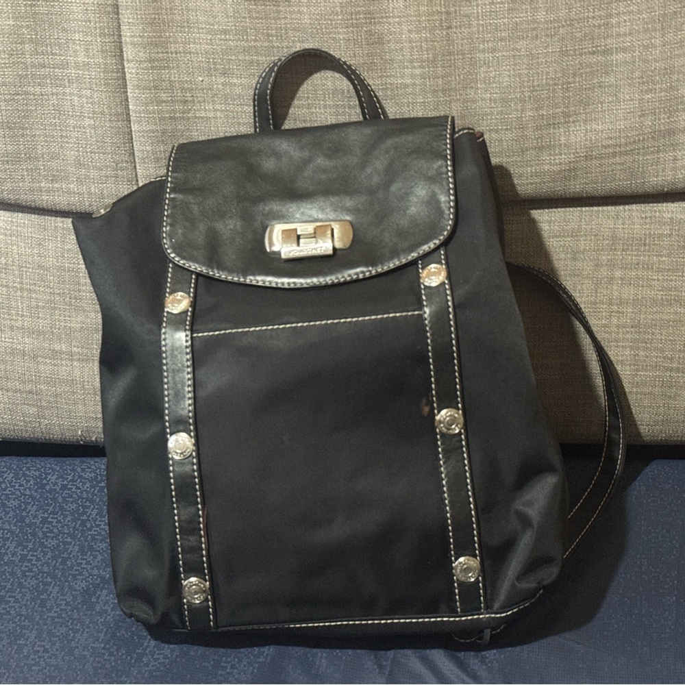 Pourchet Black Backpack Purse Paris Designer Bag black nylon and leather. Buckle